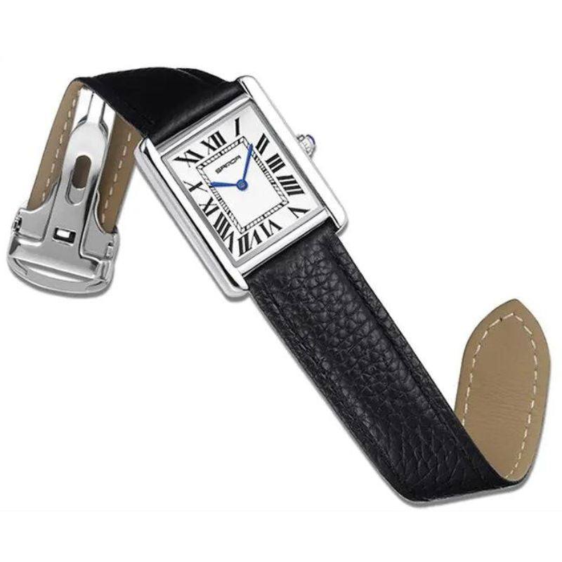 Solstice Square Watch in Stainless Steel with Black Leather Strap